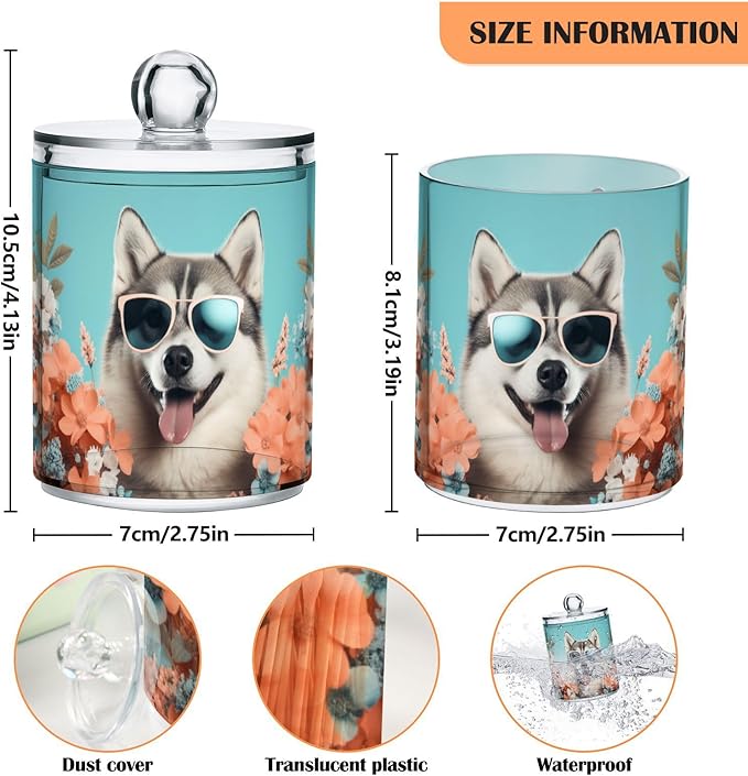 MNSRUU 2 Pack Qtip Holder Organizer Dispenser Cute Dog Siberian Husky Pink Bathroom Storage Canister Cotton Ball Holder Bathroom Containers for Cotton Swabs/Pads/Floss