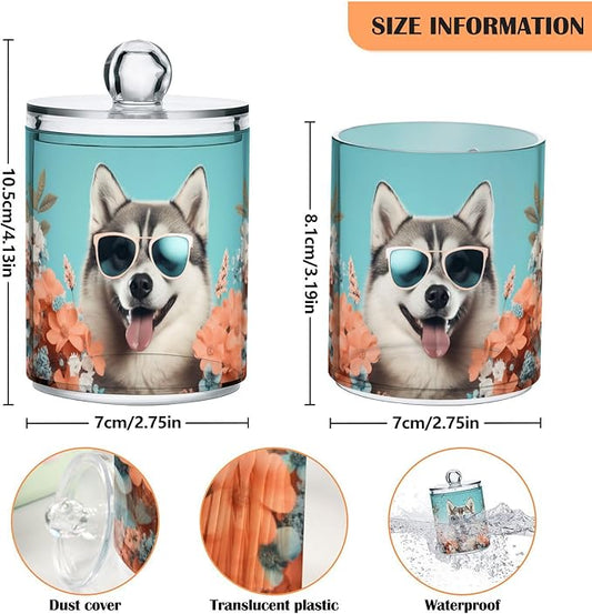 MNSRUU 2 Pack Qtip Holder Organizer Dispenser Cute Dog Siberian Husky Pink Bathroom Storage Canister Cotton Ball Holder Bathroom Containers for Cotton Swabs/Pads/Floss