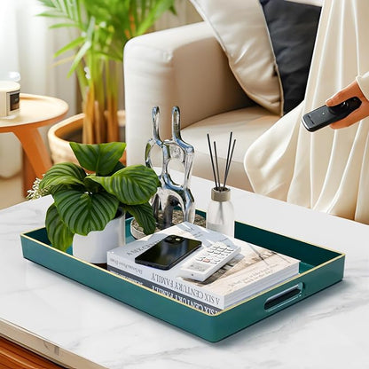 MAONAME Teal Serving Tray with Handles, Modern Decorative Tray for Coffee Table, Plastic Rectangular Trays for Ottoman, Bathroom, Decor, 15.8” x 10.2” x 1.4"