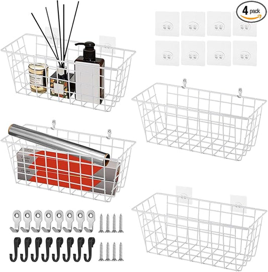 4PCS Hanging Wall Basket Wire Storage Baskets, White Wire Basket for Cabinet Door Organizer with 8 Hooks, Wall Mounted Shelf for Kitchen, Garage and Bathroom