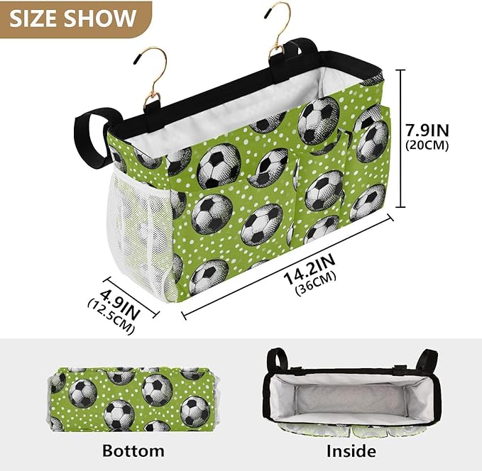 CuwrYet Bedside Caddy Hanging Bunk Bed Caddy Bed Organizer Hanging Pocket with 2 Hooks Bedside Storage Organizer Pocket Bag Holder Deep Green Soccer Balls Dots