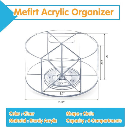 Acrylic Pen Holder, 360 Degree Rotating Pen Organizer, Rotating Desk Acrylic Office Organizer with 6 Compartments, Marker Organizer for Kid, Crayon Caddy School Art Supply Storage Organizer