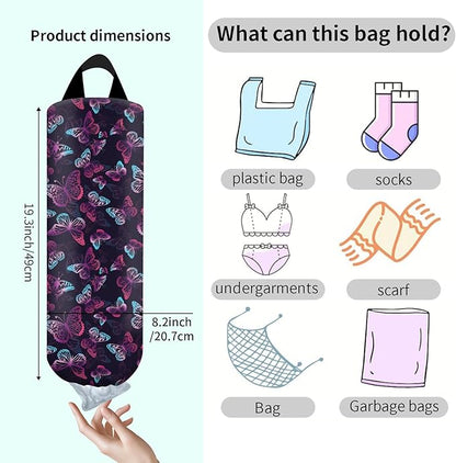 Plastic Bag Holder, Wall Mount Grocery Bag Organizer, Funny Hanging Trash Bag Storage Dispenser for Home Kitchen Cute Purple Butterfly