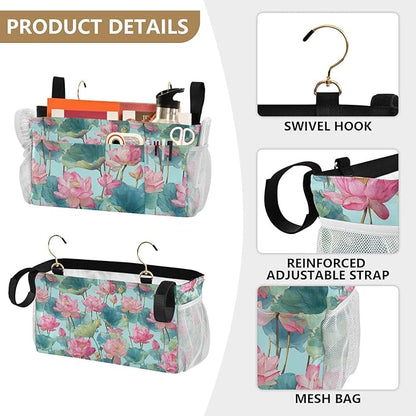 CuwrYet Bedside Caddy Hanging Bunk Bed Caddy Bed Organizer Hanging Pocket with 2 Hooks Bedside Storage Organizer Pocket Bag Holder Pastel Lotus Leaf Stem Floral