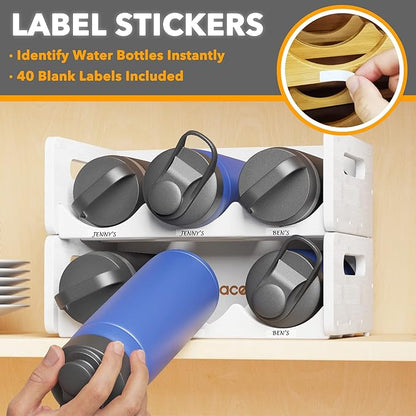 SpaceAid Bamboo Water Bottle Organizer with Labels, Kitchen Pantry Storage Rack for Cabinets, Home Cup and Wine Bottle Holder Shelf Organizers, 2 Pack 3-Slot, White