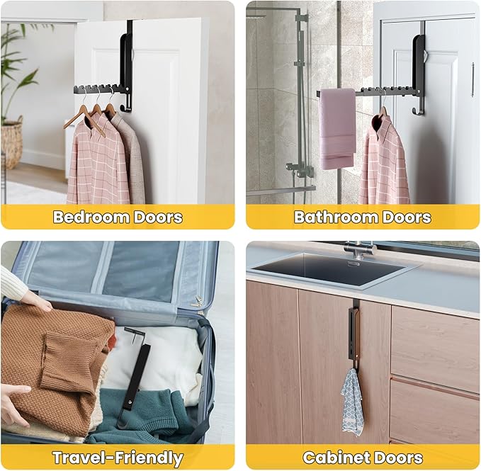 NiHome Foldable Over-The-Door Hook for Travel, Business Trips, Vacation, No Drill Installation Space-Saving Organizer, Portable Hanger Extra Hanging Space for Bathroom, Closet, Bedroom (Black, 1PC)
