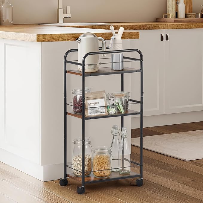 Bar Cart, Small Bar Cart for Small Spaces, 3-Tier Rolling Kitchen Cart on Wheels, Slim Narrow Liquor Cart with Protective Fence, Industrial Mini Coffee Station for Home, Rustic Brown