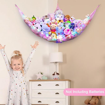 Unicorn Castle Stuffed Animals Net or Hammock Kids Toy Storage Organizer with LED Light Hanging Corner Stuffed Animals Holder Kids Girls Room Decor,Pale-Pink,Large (Pack of 1)
