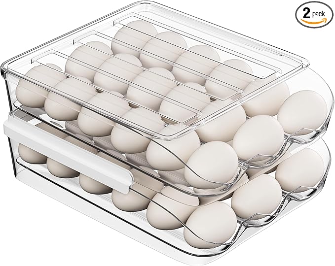Proarea Egg Holder for Fridge 36 Capacity Automatic Rolling Egg Organizer for Refrigerator, Clear Stackable Container for Kitchen or Pantry Storage 2 Pack