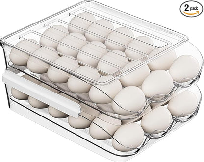 Proarea Egg Holder for Fridge 36 Capacity Automatic Rolling Egg Organizer for Refrigerator, Clear Stackable Container for Kitchen or Pantry Storage 2 Pack