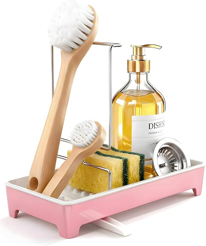 Caumic Minimalist Sink Caddy, Rustproof Sponge Holder for Kitchen Sink with 304 Stainless-Steel Brush Holder, Countertop Rack Organizer with Raised Ridges & Silicone Drain Tube (Blush Pink)