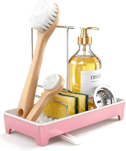 Caumic Minimalist Sink Caddy, Rustproof Sponge Holder for Kitchen Sink with 304 Stainless-Steel Brush Holder, Countertop Rack Organizer with Raised Ridges & Silicone Drain Tube (Blush Pink)