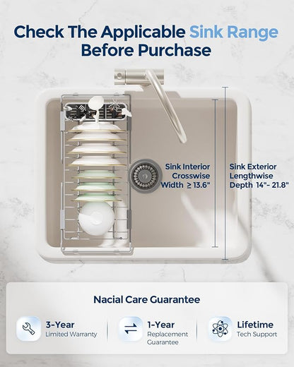 Nacial 2-in-1 Small Dish Drying Rack Fits 14''–21.8'' Sink, Dish Drainers for Kitchen Counter Extend Kitchen Sink Drain Basket with Utensil Holder & Auto-Drain Tray, Stainless Steel Plate Rack, Gris