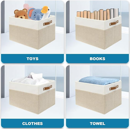 4 Pack Fabric Storage Baskets for Shelves, Closet Storage Bins for Shelves, Fabric Baskets for Organizing with Handles for Home and Office (White with Beige,15"L*10.2"W*9"H)