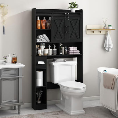 Vabches Over The Toilet Storage Cabinet, Farmhouse Storage Cabinet Over Toilet with Sliding Doors & Toilet Paper Holder Stand，Home Space-Saving Toilet Rack, for Bathroom, Laundry and Restroom.Black