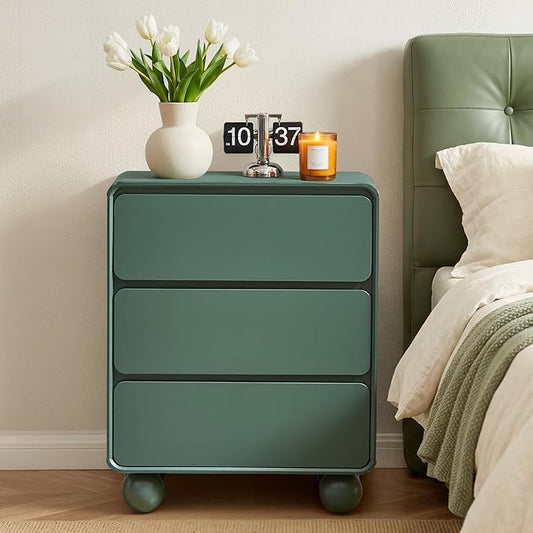 AVZEAR Wooden Night Stand wth 3 Drawer Dresser Mid Century Modern End Table Chest of Drawers, Solid Wood Legs & Curved Profile Design, Farmhouse Side Table for Living Room, Green