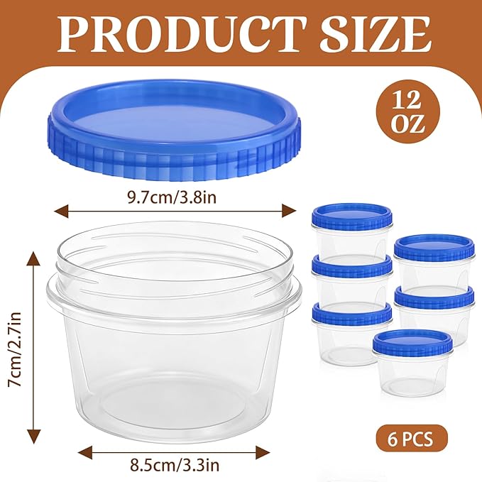 ISUSSER 6 Pack Freezer Containers with Screw On Lids, 12 Oz Stackable Reusable Plastic Storage Container, Airtight Plastic Food Storage Containers with Twist Top Lids for Food Soup Jello Sauce
