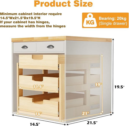 Pull Out Cabinet Organizer, 14''W×21''D Sliding Drawers for Cabinets, 3 Tier Soft Close Slide Out Wooden Pull out Drawers, Base Cabinet Organization for Kitchen, Pantry, Bathroom