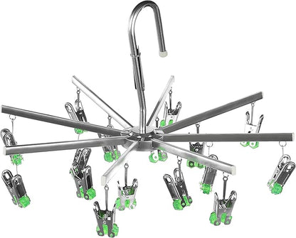 Drying Hanger, Hanging Drying Rack, Drip Hanger Stainless Steel with 16 Pegs for Laundry Underwear Socks, Quickly Remove Clothes from Hanger, Windproof, Folding Portable, (Green)