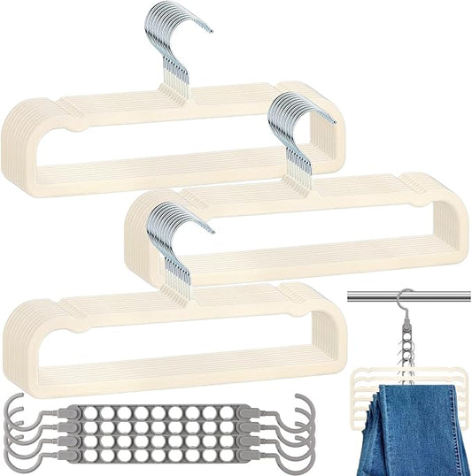 Velvet Pants Hangers Non Slip, 30 Pack Velvet Hangers for Closet with Porous Hooks, Strong Durable Space Saving Slim Clothes Hanger, Ultra Thin Flocked Hanger for Pants/Shirts/Bra/Shorts (Cream)