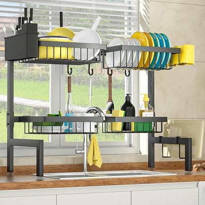 SNSLXH [2-Tier 4 Baskets Over The Sink Dish Drying Rack, 26.57"-35", Large Sink Rack for Kitchen, Extensible and Adjustable, Saving Kitchen Space