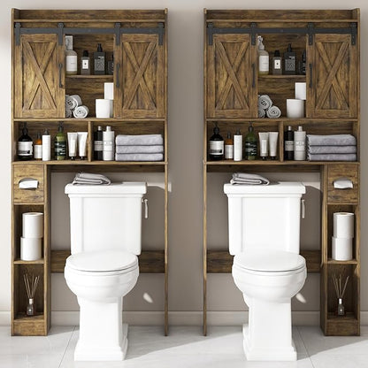 Vabches Over The Toilet Storage Cabinet, Farmhouse Storage Cabinet Over Toilet with Sliding Doors & Toilet Paper Holder Stand，Home Space-Saving Toilet Rack, for Bathroom, Restroom, Laundry