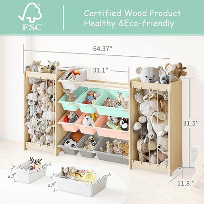 Large Toy Storage Organizer, Wooden Stuffed Animal Storage & 12-Bins Toy Organizer, Double-Sided Plush Toy Holder Featuring Thicker Ropes, Space Save Playroom Nursery Bedroom Storage, Multi