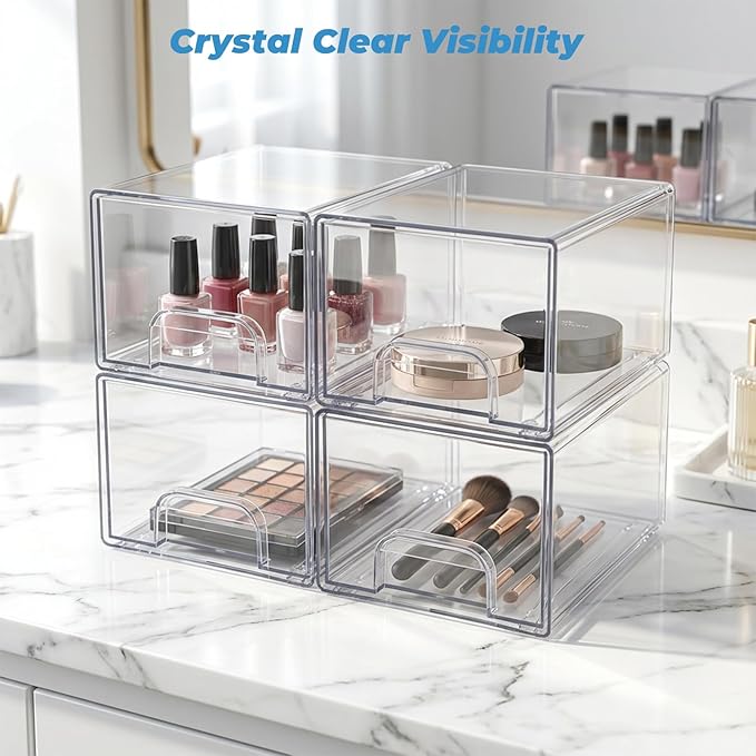Stowgo Acrylic Drawers Stackable Organizers, 4 Pack Clear Storage Bins for Bathroom Vanity & Countertop, Non-Slip Container for Makeup, Skincare, Hair Accessories & Toiletries