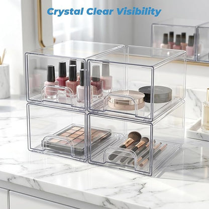 Stowgo Acrylic Drawers Stackable Organizers, 4 Pack Clear Storage Bins for Bathroom Vanity & Countertop, Non-Slip Container for Makeup, Skincare, Hair Accessories & Toiletries
