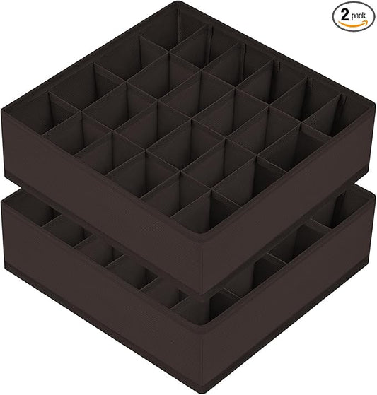 Joyoldelf Sock Organizer Drawer Organizer - 2 Packs Underwear Organizer, 24 Cells Collapsible Closet Organizers and Storage Sock Holders Organizers for Storing Socks, Ties, Belts (Brown), LF001Brown