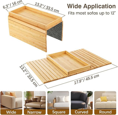 Couch Arm Tray, Bamboo Sofa Tray Table for Couch, Sofa Armrest Table, Anti-Slip Armrest Organizer, Foldable Couch Cup Holder for Snacks, Phone, Control, Cups, Natural