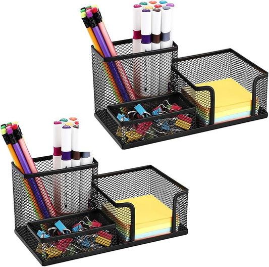 2-Piece Desk Pen & Pencil Organizer - Mesh Metal Pen Cup with Sticky Notes Holder, Black | Pen Cup, Marker Holder, Desk Caddy, Pen Organizer, Workspace