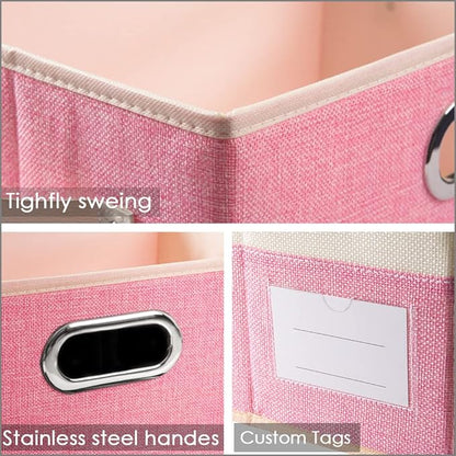 PRANDOM Large Collapsible Storage Baskets for Closet [3-pack] Decorative Fabric Storage Bins Cubes with Leather/Metal Handles for Shelves Bedroom Living Room Pink&Cream (14.9x9.8x8.3 Inch)