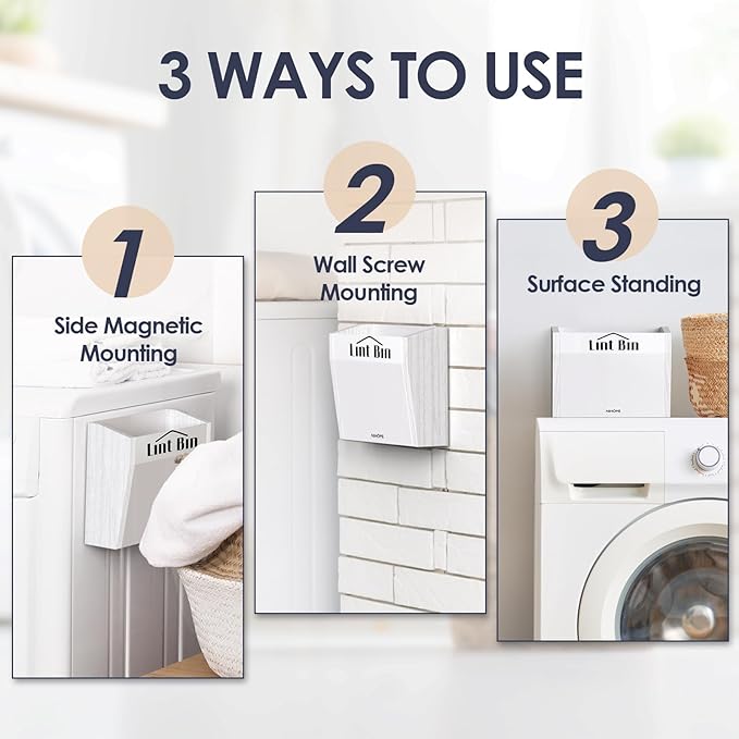 NiHome Magnetic Lint Bin for Laundry Room Storage Organization & Decor with Lint Brush, Wall Mounted Dryer Lint Box Holder Made of Metal & Pine, Lint Trash Can Lint Basket for Dryer, White