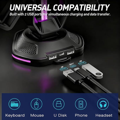 RGB Headset Stand with 9 Light Modes and 2 USB Charging Ports - Controller Holder for Desk - Headphone Stand & Detachable Controller Hook for PC Earphone Gaming Room Setup Accessories