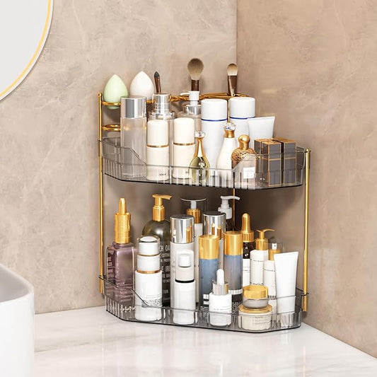 ZZWILLB Corner Bathroom Counter Organizer with Makeup Brush Holder & Toothbrush Holders, Makeup Organizer for Vanity Countertop, Acrylic Skincare Storage Shelf (Grey, 2-Tier)