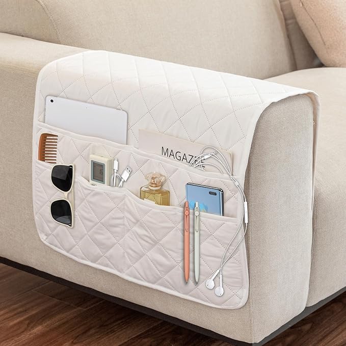 Gloserin Remote Control Holder for Recliner,Armchair Caddy,Non Slip Sofa Armrest Storage Organizer for Recliner Couch with 6 Pockets for TV Remote,Cell Phone,Magazine (Off-White)