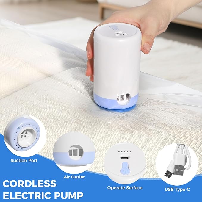 Eunhdet 15 Pack Travel Vacuum Storage Bags with USB Electric Pump, Combo Space Saver Vacuum Seal Bags for Clothing Travel Vaccine Sealed Storage Bag for Comforters Blankets Clothes Suitcase, Clear