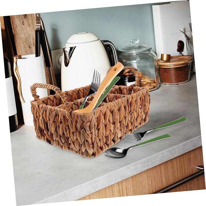 Storage Basket Lid Cutlery Organizer Hyacinth Woven Silverware Organizer Snack Basket