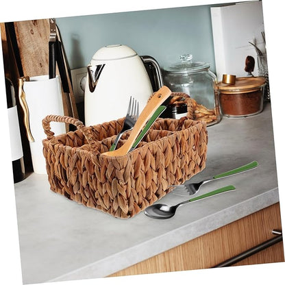 Storage Basket Lid Cutlery Organizer Hyacinth Woven Silverware Organizer Snack Basket