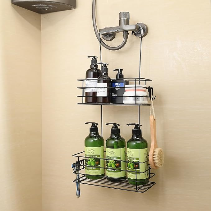 Seltomer Shower Organizer Hanging Shower Caddy with Rotatable Hook bar Over the Door and Can be Hung on the Faucet or Claw Foot, Stainless Steel Rust Proof and Durable （Black）