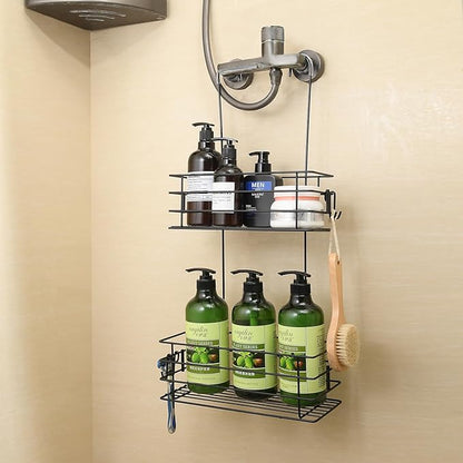 Seltomer Shower Organizer Hanging Shower Caddy with Rotatable Hook bar Over the Door and Can be Hung on the Faucet or Claw Foot, Stainless Steel Rust Proof and Durable （Black）