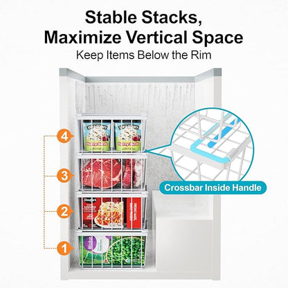 iSPECLE Chest Freezer Organizer Bins - 8 Pack Stackable Freezer Organizer for 5 to 7 Cu.Ft Freezer and Upright Freezer Over 8.5 Cu.Ft, Easy Get Food from Bottom, Add Extra Storage Space, White