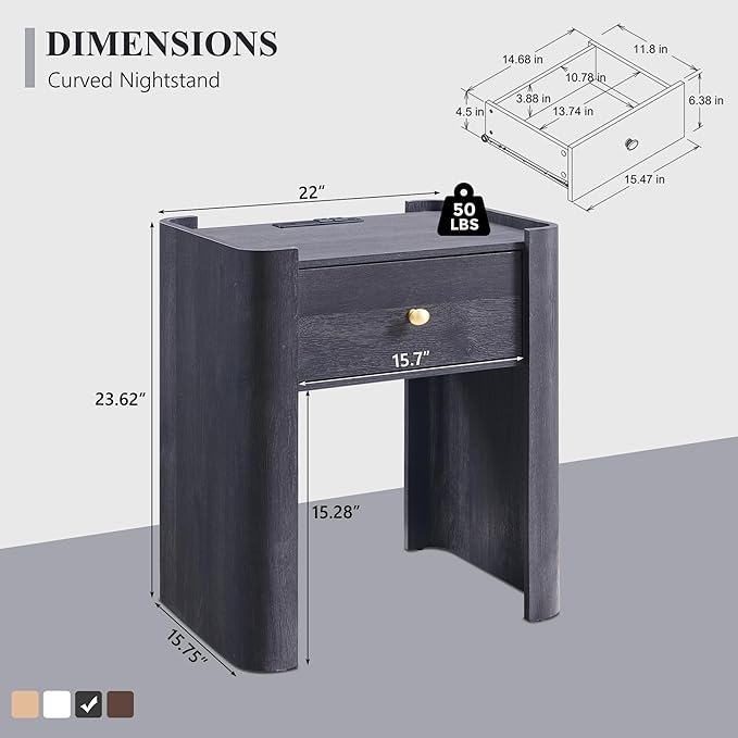 IFGET 23.6" Tall Modern Nightstand with Charging Station, 22" Wide Curved Bedside Table with 1 Storage Drawer, Wooden Night Stand, Large End Table for Bedroom, Living Room, Dark Grey