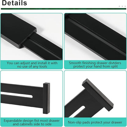 4 Pack Bamboo Kitchen Drawer Dividers 2.6" High, Adjustable from 12 Inch to 17 Inch Drawer Organizers, Expandable Drawer Separators for Clothes, Bedroom, Dresser, Office (Black)