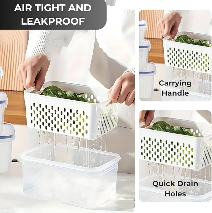 VegiTechs 4 PCS Fruit Containers for Fridge, Leakproof fruit storage containers for fridge with Removable Colander