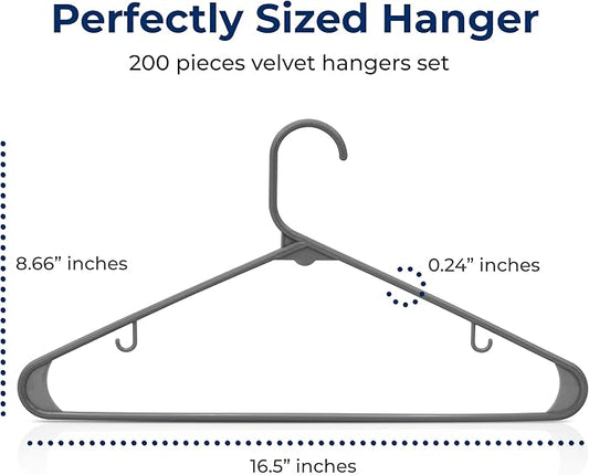 SereneLife 200 Pack Plastic Hangers, Non-Slip, Space-Saving Closet Organizers, Durable and Strong for Shirts, Sweaters, Hoodies, Kids Clothes & Dresses, Ultra-Thin, Lightweight