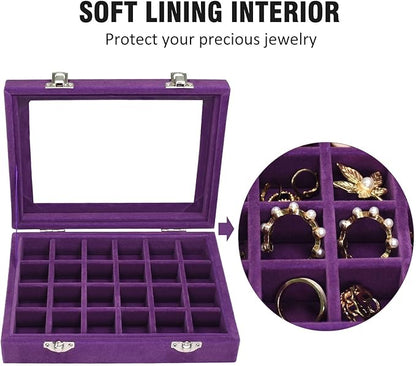 Velvet Jewelry Box 24 Grid Jewelry Ring Display Organiser Box Tray Holder Earrings Storage Case for Girls Wife Mom Women (Purple)