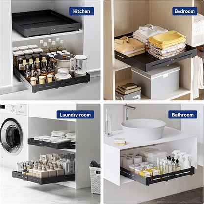 Pull-out Cabinet Organizer,Adjustable Depth(15.7"-24.4") And Width(12.8"-20.5"),3 Silent slides and 2 Support Pulleys,Easy to Assemble and Heavy-Duty Storing slide-out drawer,Black