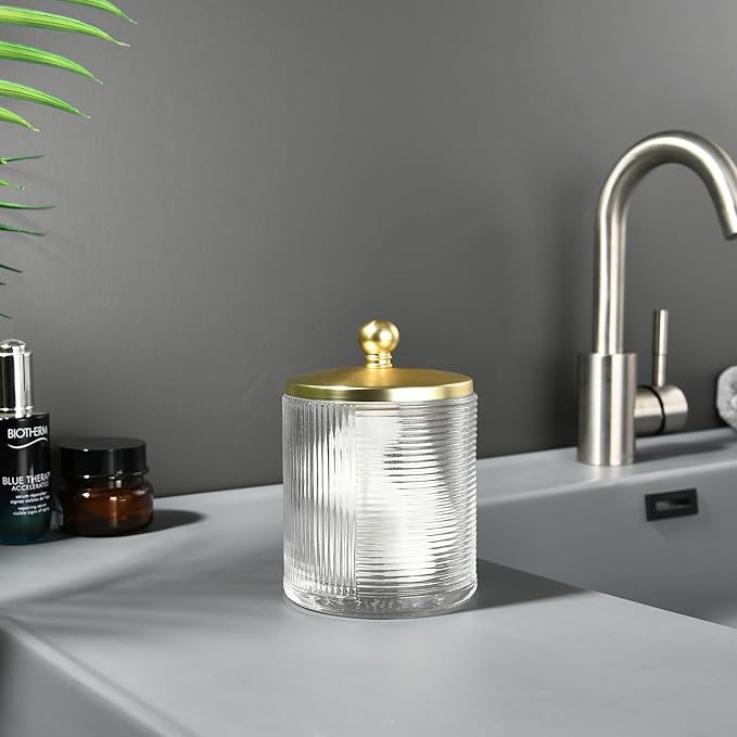 Indecor Home Clear Transparent Apothecary Ribbed Geometric Etched Glass Jar W/Gold Lid Cover for Bathroom Organization, Cotton Balls, Q Tips, and Small Accessories, Bathroom Storage